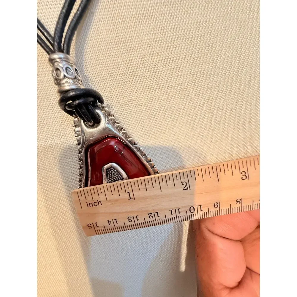 Vintage Red Geometric Pendant Cord Necklace 18”